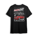 T-shirt featuring two slammed Silverados rolling on a checkered track floor with bold red-and-black styling. The “Just Drive Your Sh*t” t-shirt calls out real show truck owners who drive what they build—no trailers, no excuses.