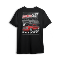 T-shirt featuring two slammed Silverados rolling on a checkered track floor with bold red-and-black styling. The “Just Drive Your Sh*t” t-shirt calls out real show truck owners who drive what they build—no trailers, no excuses.