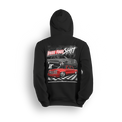 Hoodie featuring two slammed Silverados rolling on a checkered track floor with bold red-and-black styling. The “Just Drive Your Sh*t” hoodie calls out real show truck owners who drive what they build—no trailers, no excuses.