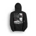 Hoodie featuring two slammed single cab Ford F-150s with custom stance, monochrome tones, and red accents. Designed for Ford fans repping Blue Oval style with Low Trendz attitude, this hoodie blends clean street style with aggressive detail.