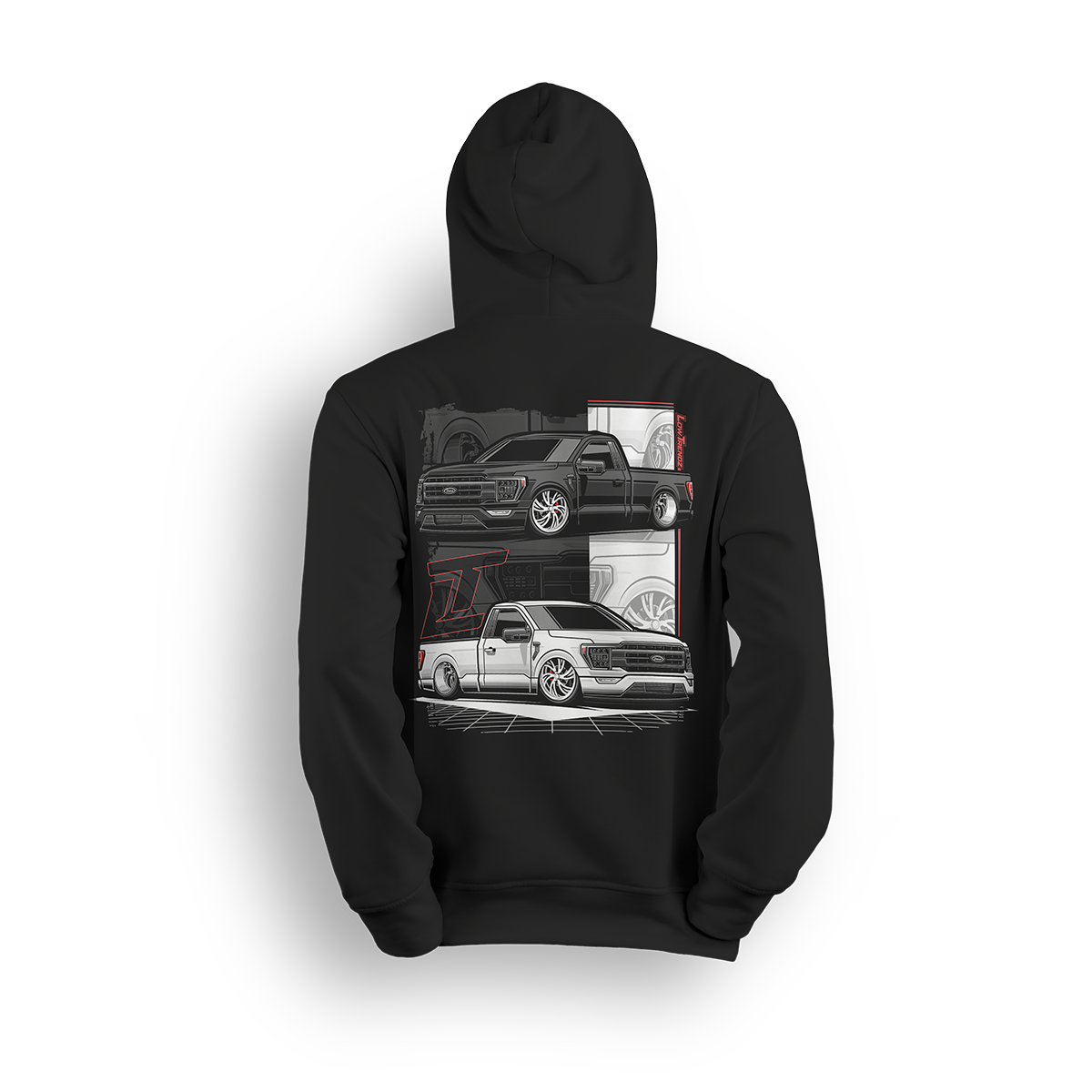 Hoodie featuring two slammed single cab Ford F-150s with custom stance, monochrome tones, and red accents. Designed for Ford fans repping Blue Oval style with Low Trendz attitude, this hoodie blends clean street style with aggressive detail.
