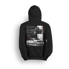 Hoodie featuring two slammed single cab Ford F-150s with custom stance, monochrome tones, and red accents. Designed for Ford fans repping Blue Oval style with Low Trendz attitude, this hoodie blends clean street style with aggressive detail.