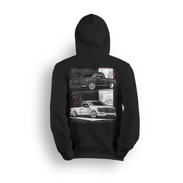 Hoodie featuring two slammed single cab Ford F-150s with custom stance, monochrome tones, and red accents. Designed for Ford fans repping Blue Oval style with Low Trendz attitude, this hoodie blends clean street style with aggressive detail.