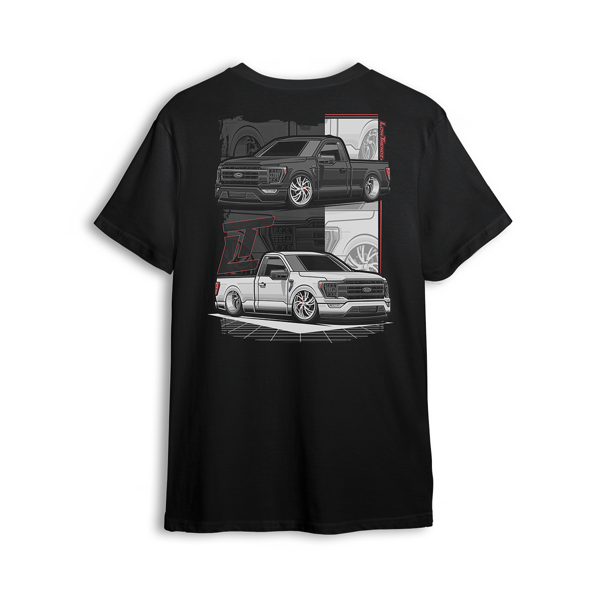 T-shirt featuring two slammed single cab Ford F-150s with custom stance, monochrome tones, and red accents. Designed for Ford fans repping Blue Oval style with Low Trendz attitude, this t-shirt blends clean street style with aggressive detail.
