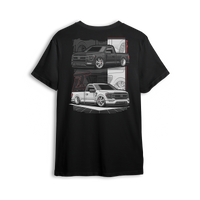 T-shirt featuring two slammed single cab Ford F-150s with custom stance, monochrome tones, and red accents. Designed for Ford fans repping Blue Oval style with Low Trendz attitude, this t-shirt blends clean street style with aggressive detail.
