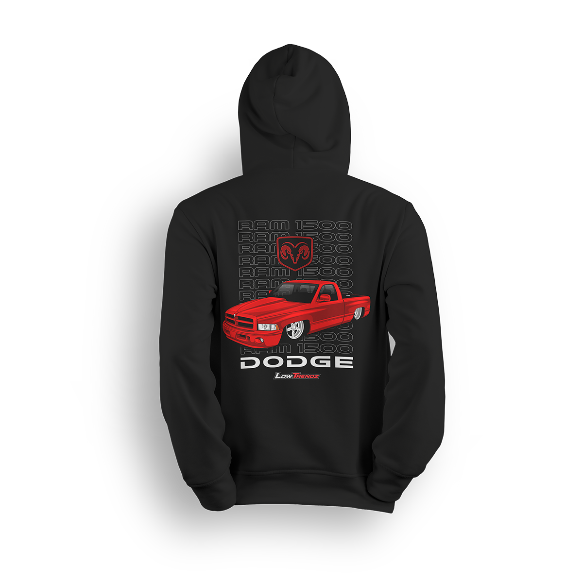 Hoodie featuring a slammed bright red RAM 1500 single cab with a stacked backdrop and bold RAM emblem. Built for Mopar fans in the custom truck scene, this hoodie delivers clean stance, bold style, and straight attitude.