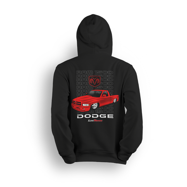 Hoodie featuring a slammed bright red RAM 1500 single cab with a stacked backdrop and bold RAM emblem. Built for Mopar fans in the custom truck scene, this hoodie delivers clean stance, bold style, and straight attitude.