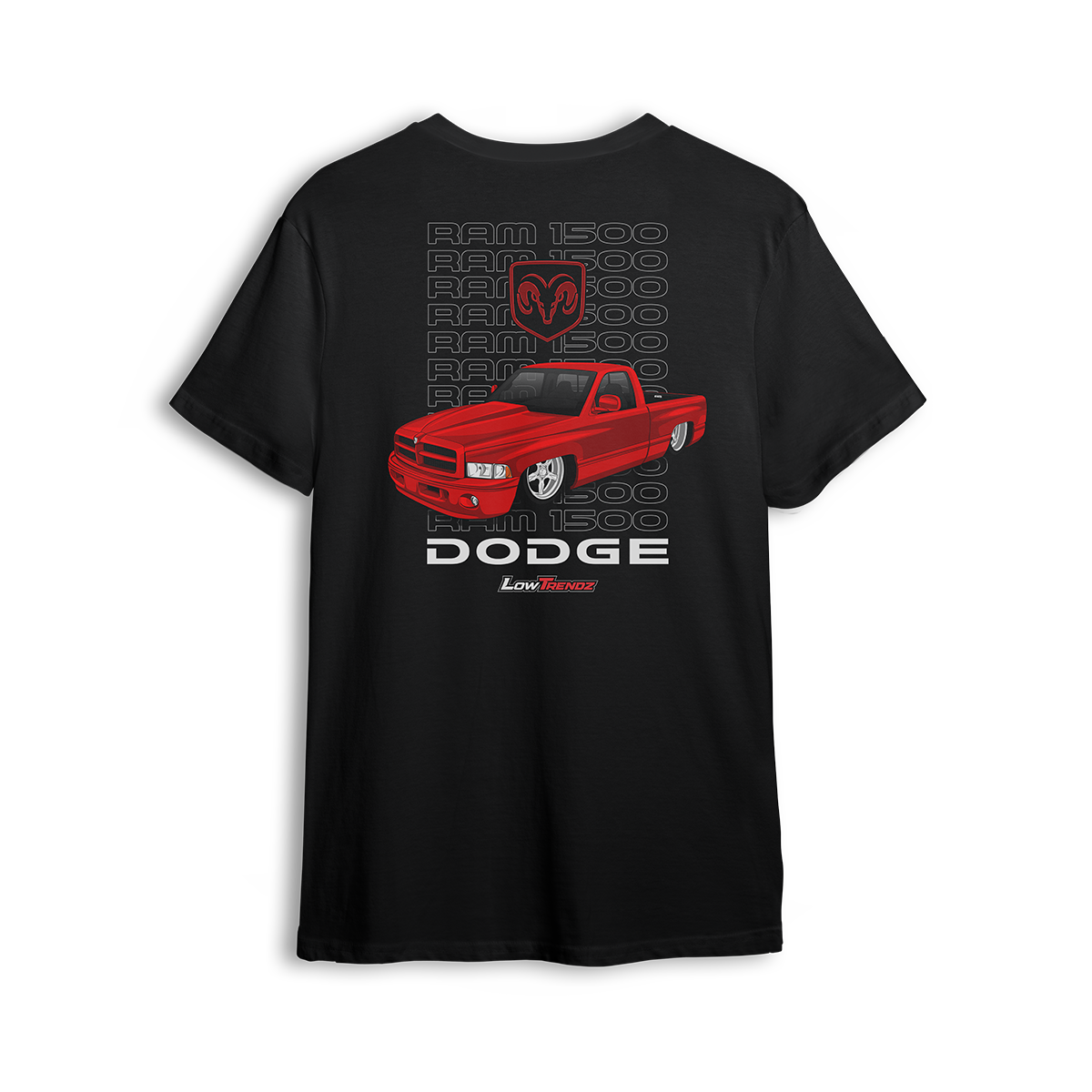 T-shirt featuring a slammed bright red RAM 1500 single cab with a stacked backdrop and bold RAM emblem. Built for Mopar fans in the custom truck scene, this t-shirt delivers clean stance, bold style, and straight attitude.