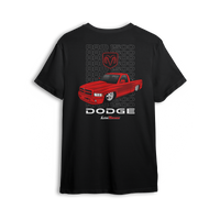 T-shirt featuring a slammed bright red RAM 1500 single cab with a stacked backdrop and bold RAM emblem. Built for Mopar fans in the custom truck scene, this t-shirt delivers clean stance, bold style, and straight attitude.