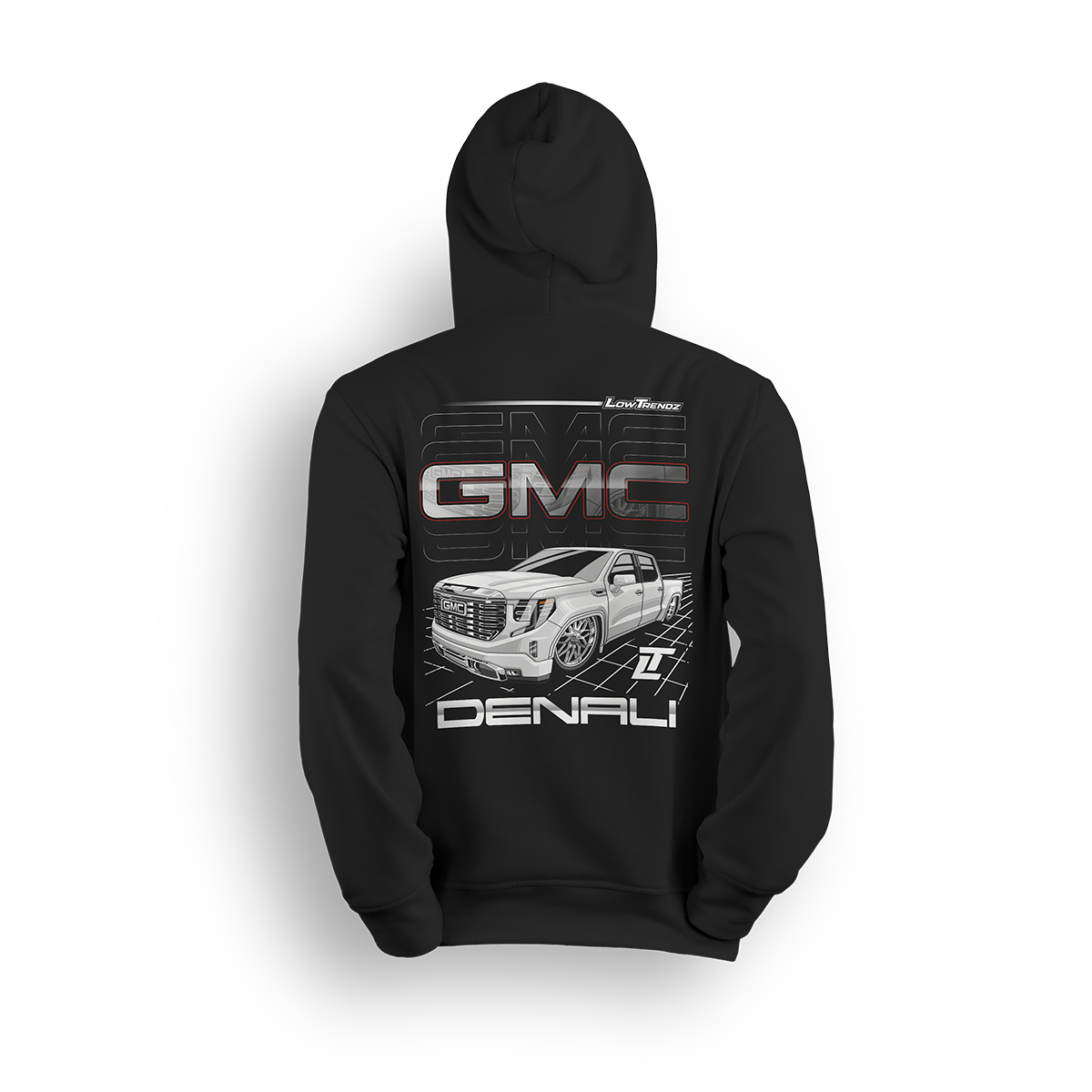 Hoodie featuring a slammed GMC Denali with bold grille and clean stance, illustrated over a sleek grid backdrop. The Arctic Denali hoodie blends full-size luxury with street style for a standout look in the custom truck scene.