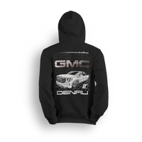 Hoodie featuring a slammed GMC Denali with bold grille and clean stance, illustrated over a sleek grid backdrop. The Arctic Denali hoodie blends full-size luxury with street style for a standout look in the custom truck scene.