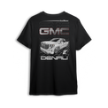 T-shirt featuring a slammed GMC Denali with bold grille and clean stance, illustrated over a sleek grid backdrop. The Arctic Denali t-shirt blends full-size luxury with street style for a standout look in the custom truck scene.