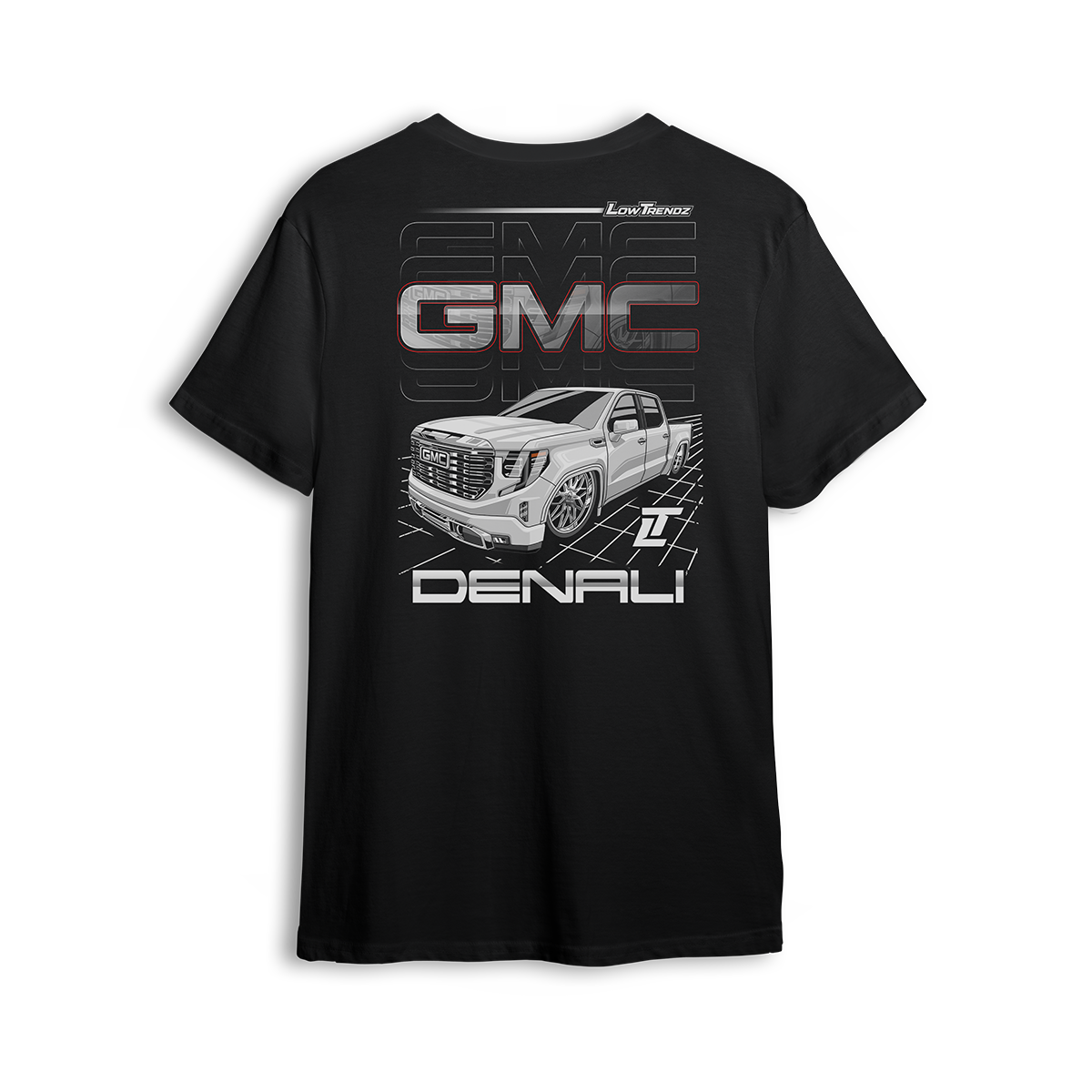 T-shirt featuring a slammed GMC Denali with bold grille and clean stance, illustrated over a sleek grid backdrop. The Arctic Denali t-shirt blends full-size luxury with street style for a standout look in the custom truck scene.