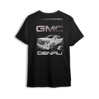 T-shirt featuring a slammed GMC Denali with bold grille and clean stance, illustrated over a sleek grid backdrop. The Arctic Denali t-shirt blends full-size luxury with street style for a standout look in the custom truck scene.