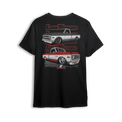 T-shirt featuring two slammed Chevy C10s—one silver, one red and white two-tone—laid out over a grid floor with a layered Low Trendz backdrop. The Two-Tone Royalty t-shirt blends vintage muscle with custom show truck style for builders who keep it classic, not basic.
