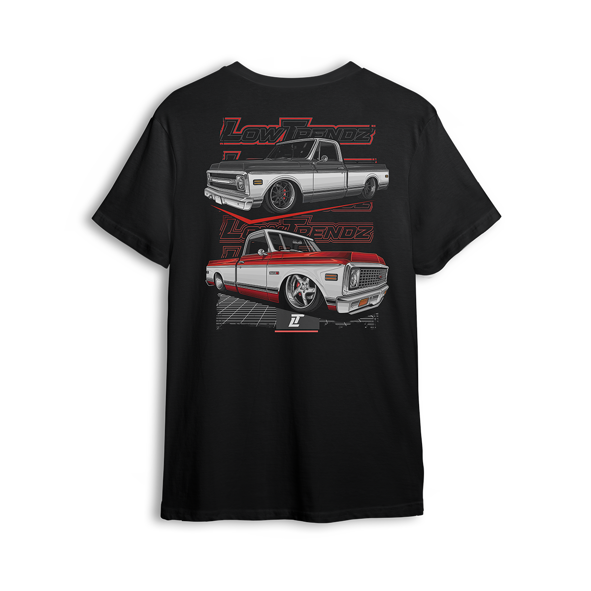 T-shirt featuring two slammed Chevy C10s—one silver, one red and white two-tone—laid out over a grid floor with a layered Low Trendz backdrop. The Two-Tone Royalty t-shirt blends vintage muscle with custom show truck style for builders who keep it classic, not basic.