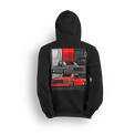 Hoodie featuring two slammed OBS Chevys in black and red over a bold tri-panel backdrop with a vertical CHEVROLET graphic and red bowtie. The Redline Revival hoodie is a high-impact tribute to iconic Chevy style and custom truck lifestyle.