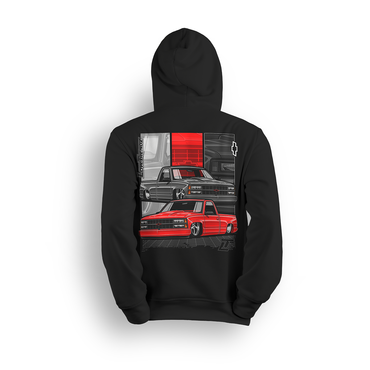 Hoodie featuring two slammed OBS Chevys in black and red over a bold tri-panel backdrop with a vertical CHEVROLET graphic and red bowtie. The Redline Revival hoodie is a high-impact tribute to iconic Chevy style and custom truck lifestyle.