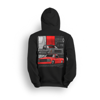 Hoodie featuring two slammed OBS Chevys in black and red over a bold tri-panel backdrop with a vertical CHEVROLET graphic and red bowtie. The Redline Revival hoodie is a high-impact tribute to iconic Chevy style and custom truck lifestyle.