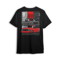 T-shirt featuring two slammed OBS Chevys in black and red over a bold tri-panel backdrop with a vertical CHEVROLET graphic and red bowtie. The Redline Revival t-shirt is a high-impact tribute to iconic Chevy style and custom truck lifestyle.