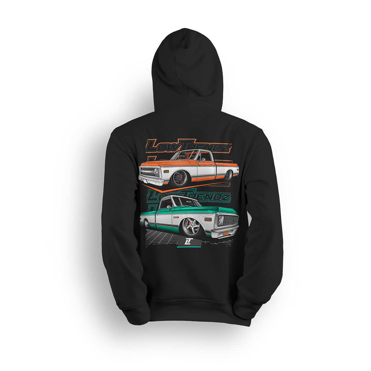 Hoodie featuring two slammed Chevy C10s in orange/white and mint/white two-tone colorways, laid out over a modern grid with layered Low Trendz branding. The Two-Tone Throwback hoodie blends vintage Chevy style with a clean, show-ready stance.