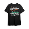 T-shirt featuring two slammed Chevy C10s in orange/white and mint/white two-tone colorways, laid out over a modern grid with layered Low Trendz branding. The Two-Tone Throwback t-shirt blends vintage Chevy style with a clean, show-ready stance.