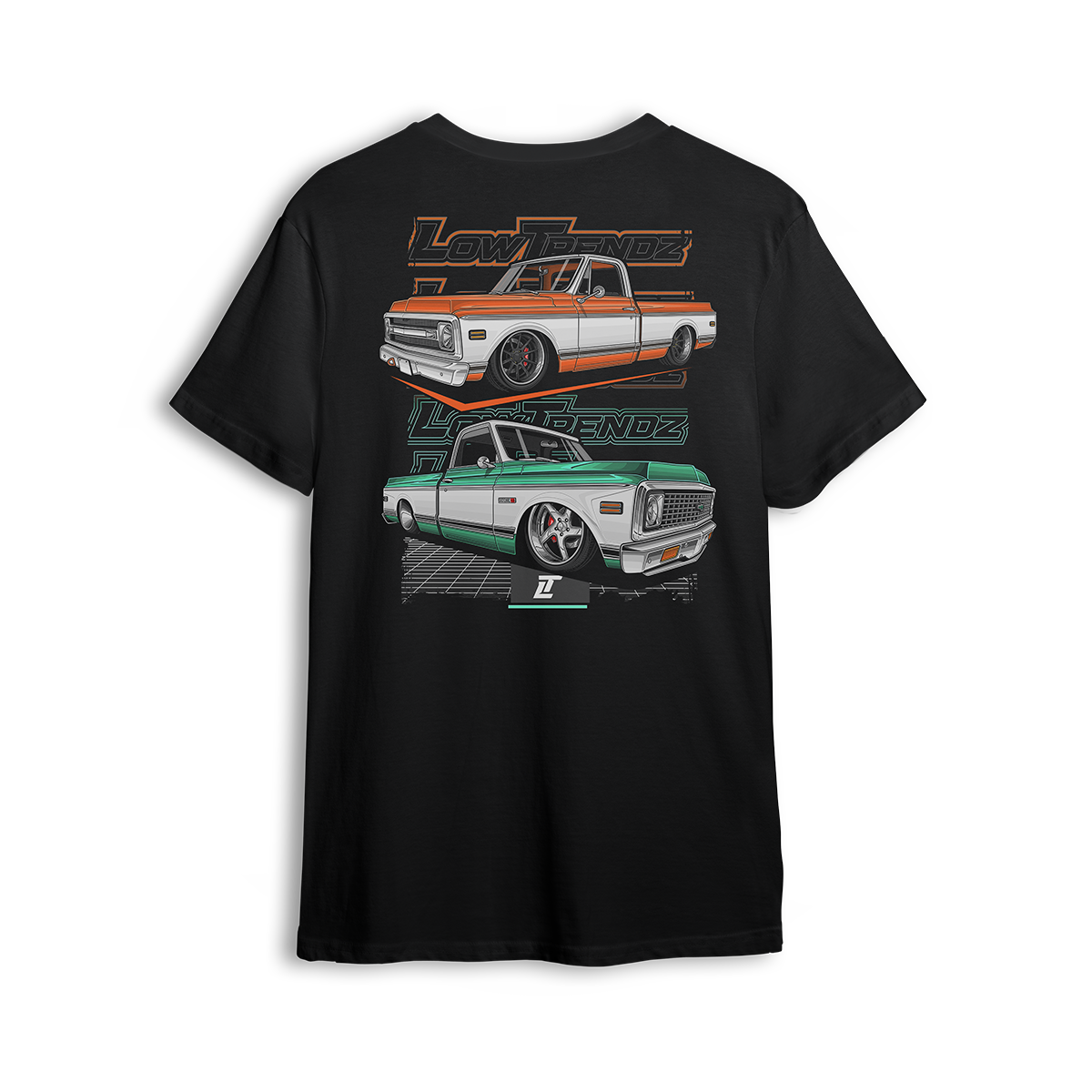 T-shirt featuring two slammed Chevy C10s in orange/white and mint/white two-tone colorways, laid out over a modern grid with layered Low Trendz branding. The Two-Tone Throwback t-shirt blends vintage Chevy style with a clean, show-ready stance.