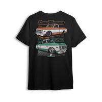 T-shirt featuring two slammed Chevy C10s in orange/white and mint/white two-tone colorways, laid out over a modern grid with layered Low Trendz branding. The Two-Tone Throwback t-shirt blends vintage Chevy style with a clean, show-ready stance.