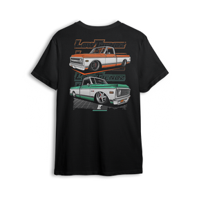 T-shirt featuring two slammed Chevy C10s in orange/white and mint/white two-tone colorways, laid out over a modern grid with layered Low Trendz branding. The Two-Tone Throwback t-shirt blends vintage Chevy style with a clean, show-ready stance.