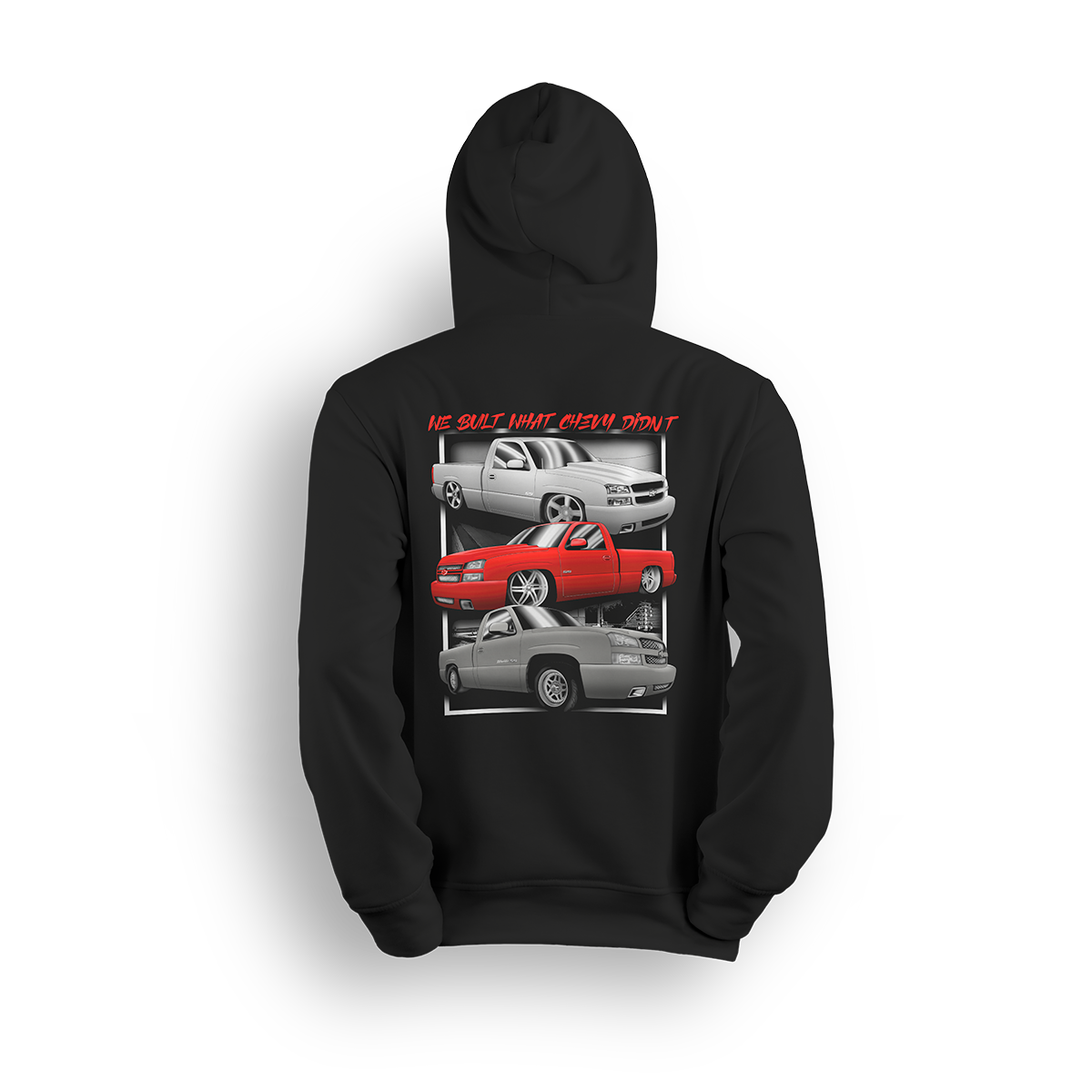 Hoodie featuring three custom Chevy single-cab swaps that were never factory-built, each slammed with clean stance and detailed graphics. The “We Built What Chevy Didn’t” hoodie celebrates creative builds and the Low Trendz spirit of pushing beyond the blueprint.