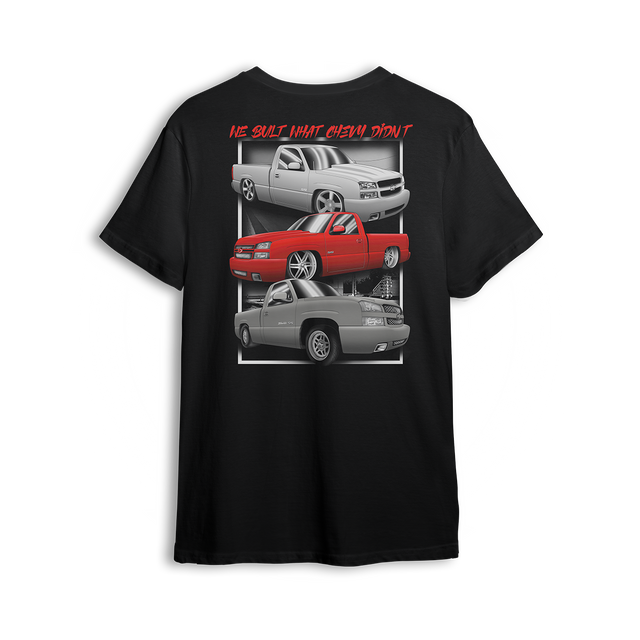 T-shirt featuring three custom Chevy single-cab swaps that were never factory-built, each slammed with clean stance and detailed graphics. The “We Built What Chevy Didn’t” t-shirt celebrates creative builds and the Low Trendz spirit of pushing beyond the blueprint.