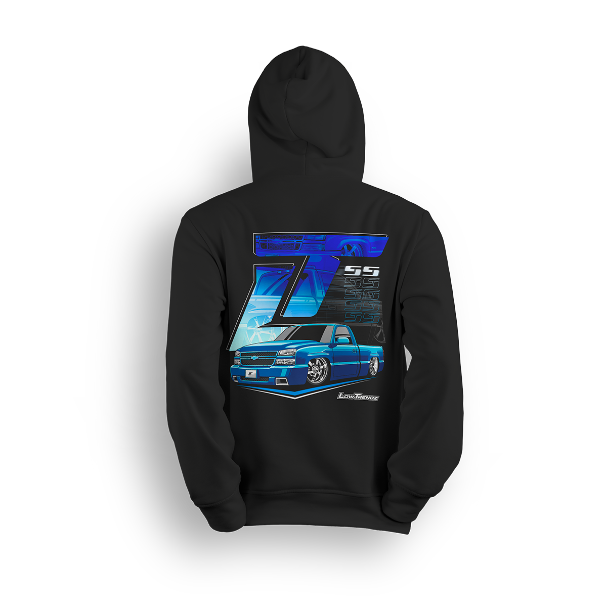 Hoodie featuring a custom blue single cab Silverado with deep lip wheels, slick body lines, and SS styling. Backed by layered SS graphics, ghosted wheel shots, and a bold LT logo, the Blue SS hoodie brings show-ready attitude and street power.