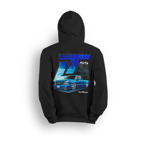 Hoodie featuring a custom blue single cab Silverado with deep lip wheels, slick body lines, and SS styling. Backed by layered SS graphics, ghosted wheel shots, and a bold LT logo, the Blue SS hoodie brings show-ready attitude and street power.