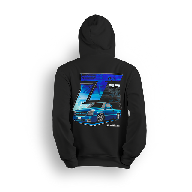 Hoodie featuring a custom blue single cab Silverado with deep lip wheels, slick body lines, and SS styling. Backed by layered SS graphics, ghosted wheel shots, and a bold LT logo, the Blue SS hoodie brings show-ready attitude and street power.