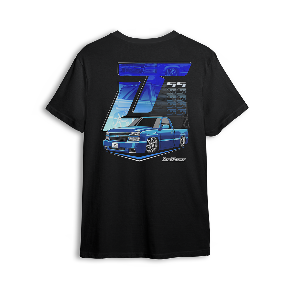T-shirt featuring a custom blue single cab Silverado with deep lip wheels, slick body lines, and SS styling. Backed by layered SS graphics, ghosted wheel shots, and a bold LT logo, the Blue SS t-shirt brings show-ready attitude and street power.