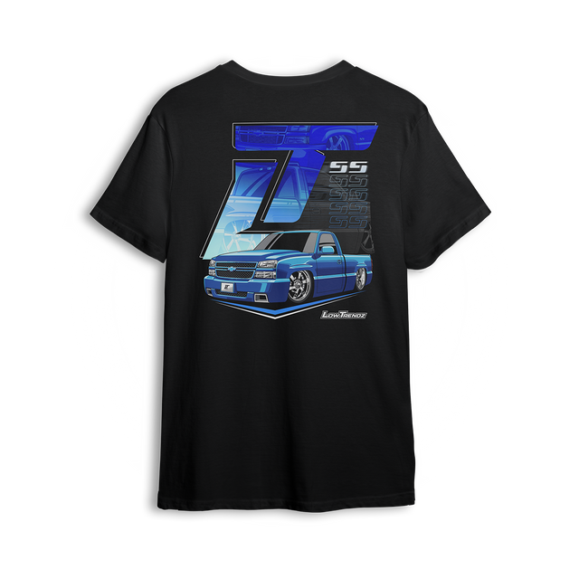 T-shirt featuring a custom blue single cab Silverado with deep lip wheels, slick body lines, and SS styling. Backed by layered SS graphics, ghosted wheel shots, and a bold LT logo, the Blue SS t-shirt brings show-ready attitude and street power.