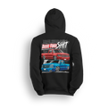 Hoodie featuring two slammed Silverados rolling on a checkered track floor with bold red-and-black styling. The “Just Drive Your Shit” hoodie is a callout to real show truck owners who drive their builds—no trailers, no excuses.