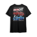 T-shirt featuring two slammed Silverados rolling on a checkered track floor with bold red-and-black styling. The “Just Drive Your Shit” t-shirt is a callout to real show truck owners who drive their builds—no trailers, no excuses.