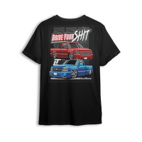T-shirt featuring two slammed Silverados rolling on a checkered track floor with bold red-and-black styling. The “Just Drive Your Shit” t-shirt is a callout to real show truck owners who drive their builds—no trailers, no excuses.