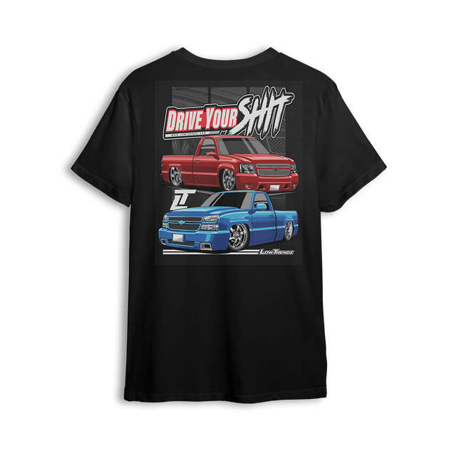 T-shirt featuring two slammed Silverados rolling on a checkered track floor with bold red-and-black styling. The “Just Drive Your Shit” t-shirt is a callout to real show truck owners who drive their builds—no trailers, no excuses.
