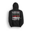 Hoodie featuring a clean white OBS 400 SS slammed on big wheels with a street-ready stance. Bold 400 SS typography fades from chrome to red, making this hoodie a tribute to modern custom style and classic Chevy lines.