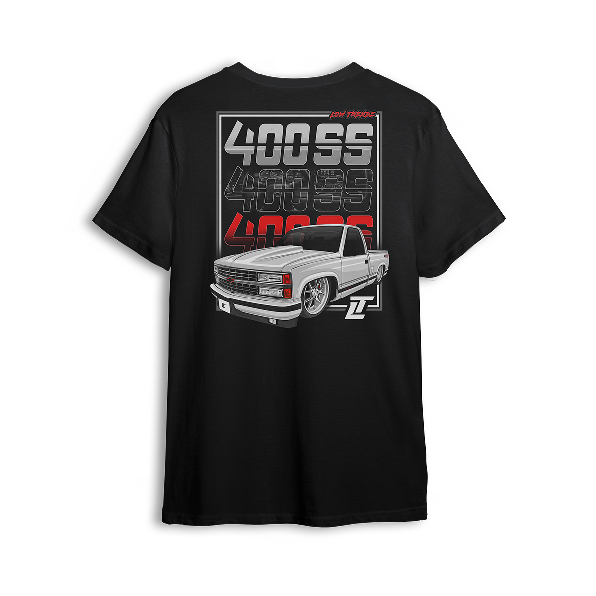 T-shirt featuring a clean white OBS 400 SS slammed on big wheels with a street-ready stance. Bold 400 SS typography fades from chrome to red, making this t-shirt a tribute to modern custom style and classic Chevy lines.