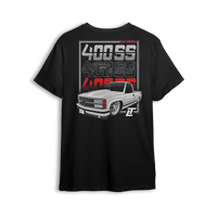 T-shirt featuring a clean white OBS 400 SS slammed on big wheels with a street-ready stance. Bold 400 SS typography fades from chrome to red, making this t-shirt a tribute to modern custom style and classic Chevy lines.