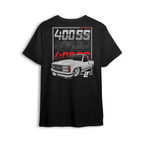 T-shirt featuring a clean white OBS 400 SS slammed on big wheels with a street-ready stance. Bold 400 SS typography fades from chrome to red, making this t-shirt a tribute to modern custom style and classic Chevy lines.
