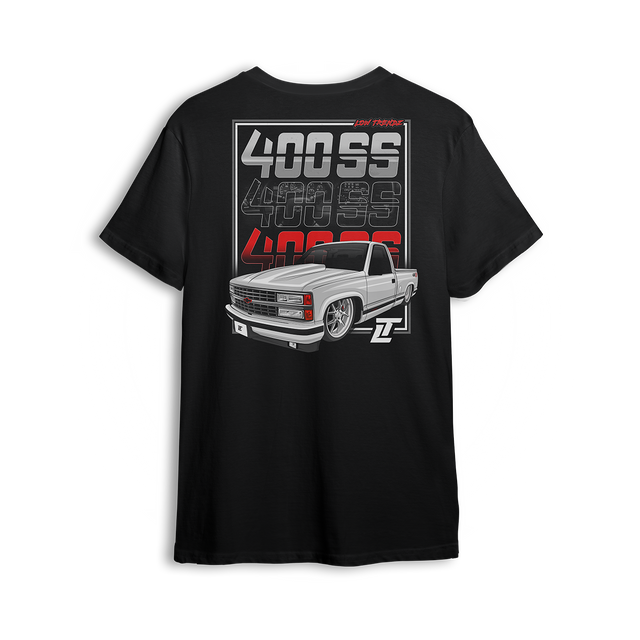 T-shirt featuring a clean white OBS 400 SS slammed on big wheels with a street-ready stance. Bold 400 SS typography fades from chrome to red, making this t-shirt a tribute to modern custom style and classic Chevy lines.