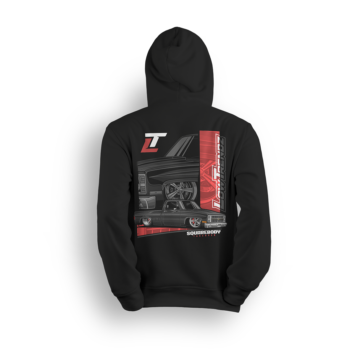 Hoodie featuring a black squarebody Chevy truck with deep-dish wheels, red accents, and a split-panel background. Layered Low Trendz branding and “Squarebody Takeover” text complete this bold tribute to squarebody dominance and custom truck attitude.