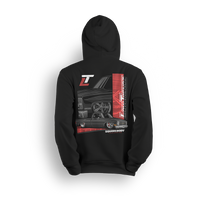 Hoodie featuring a black squarebody Chevy truck with deep-dish wheels, red accents, and a split-panel background. Layered Low Trendz branding and “Squarebody Takeover” text complete this bold tribute to squarebody dominance and custom truck attitude.