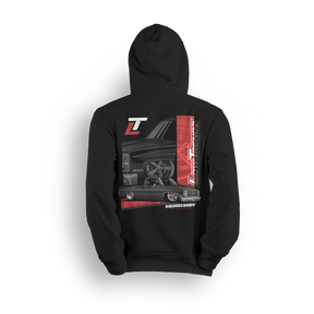 Hoodie featuring a black squarebody Chevy truck with deep-dish wheels, red accents, and a split-panel background. Layered Low Trendz branding and “Squarebody Takeover” text complete this bold tribute to squarebody dominance and custom truck attitude.