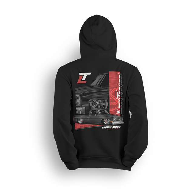 Hoodie featuring a black squarebody Chevy truck with deep-dish wheels, red accents, and a split-panel background. Layered Low Trendz branding and “Squarebody Takeover” text complete this bold tribute to squarebody dominance and custom truck attitude.