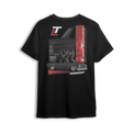 T-shirt featuring a black squarebody Chevy truck with deep-dish wheels, red accents, and a split-panel background. Layered Low Trendz branding and “Squarebody Takeover” text complete this bold tribute to squarebody dominance and custom truck attitude.
